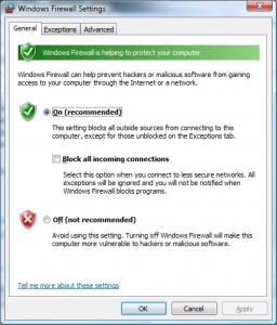 Firewall exceptions window